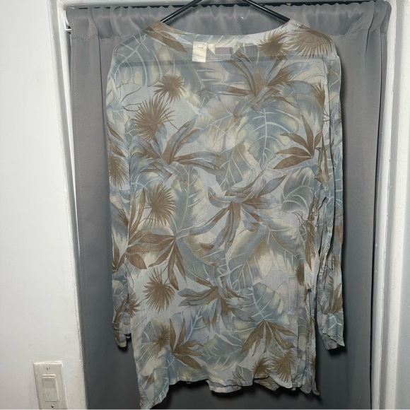 Tommy Bahama Blue and Brown Leaf Print Silk Sheer Blouse XL - Picture 14 of 16